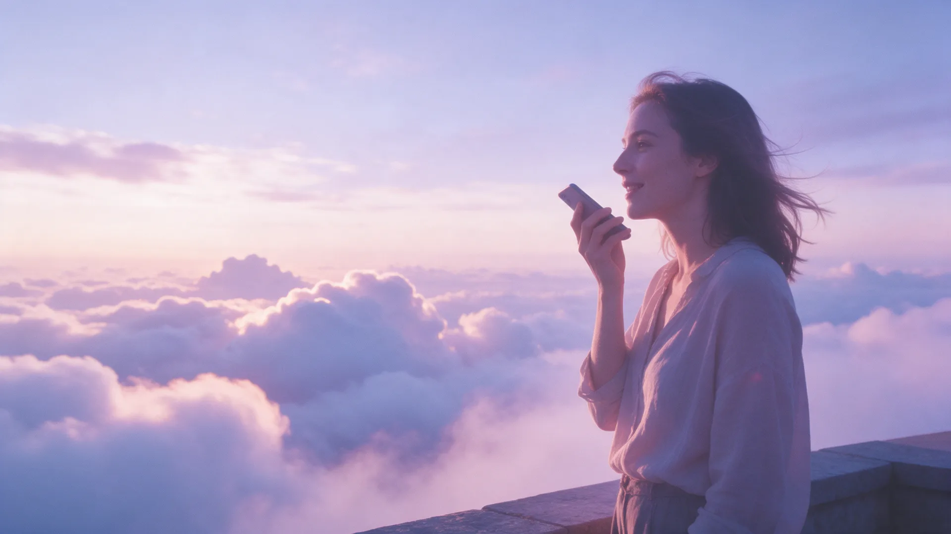 A woman on a terrace above the clouds, smiling, speaks into her phone at dusk.